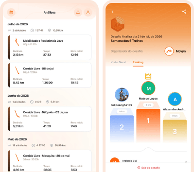 Telas do app Movyn: histórico de análises dos treinos e ranking do desafio
