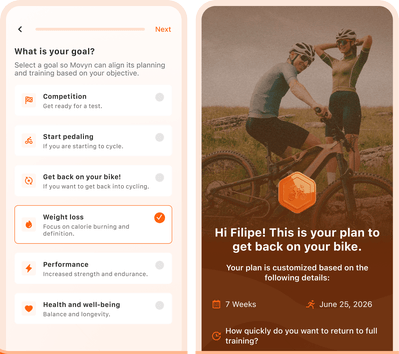 Movyn-appens skærme: valg af træningsmål og personlig comeback-plan til cyklen
