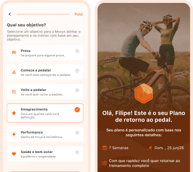 Telas do app Movyn: seleção de objetivo do treino e plano personalizado de retorno ao pedal