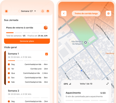 Telas do app Movyn: plano semanal de treinos e mapa da rota durante o treino
